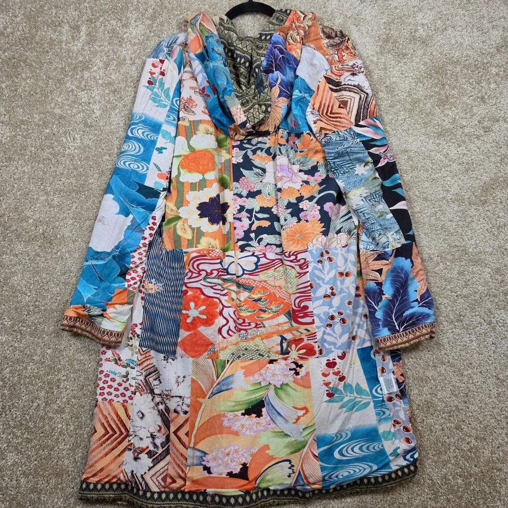 Biya Johnny Was Jacket Patchwork Floral Embroidered Boho Hooded Coat Medium